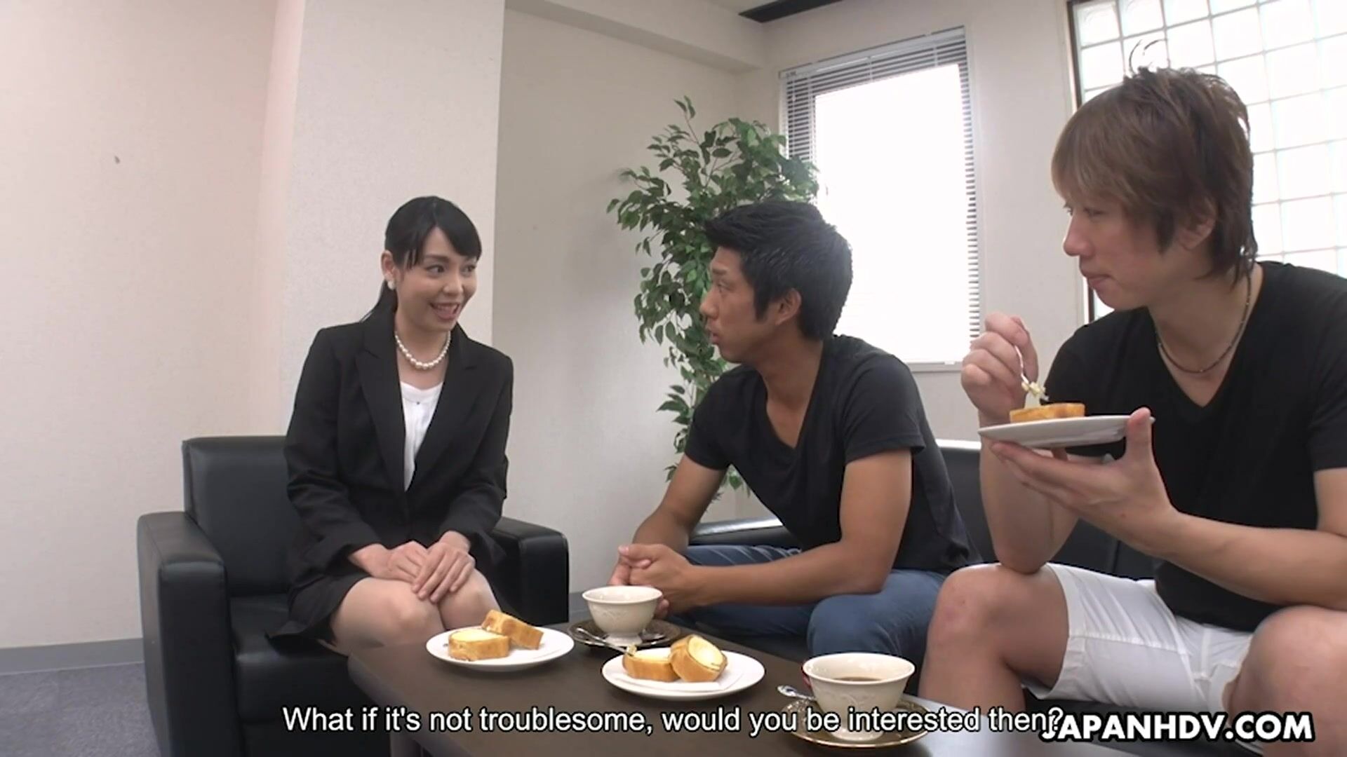 Kisa Azumane invites two men back to her office to get them interested in sex