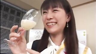 Kurumi Morishita drinks down 25 cumshots from wine glass